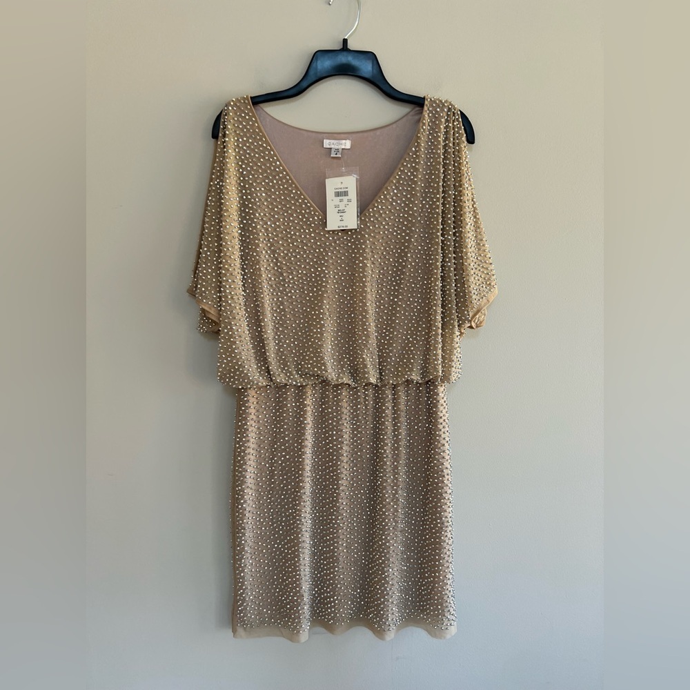 Cache NWT Caviar Embellished Beaded Blouson Dress in Beige Nude, size 4